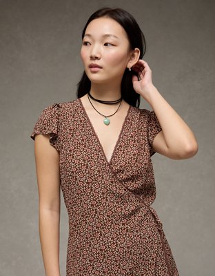 baked chicken and dressing Perfect Stranger Shea Wrap Mini Dress Taupe Print main image 0
