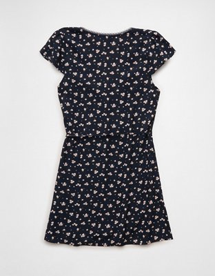 American Eagle Lace Wrap Mini Dress in Navy  Lightweight V-Neck Short Sleeve Tie-Waist Dress, Size XS