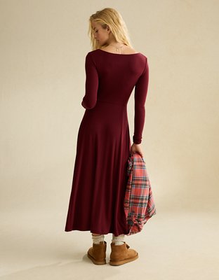 Женское платье American Eagle AE Square Neck Side Slit Midi, цвет: Тёмно-бордовый — фото 2