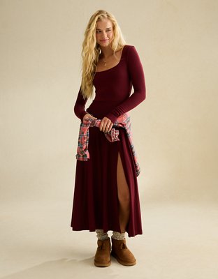AE Square Neck Side Slit Midi Dress