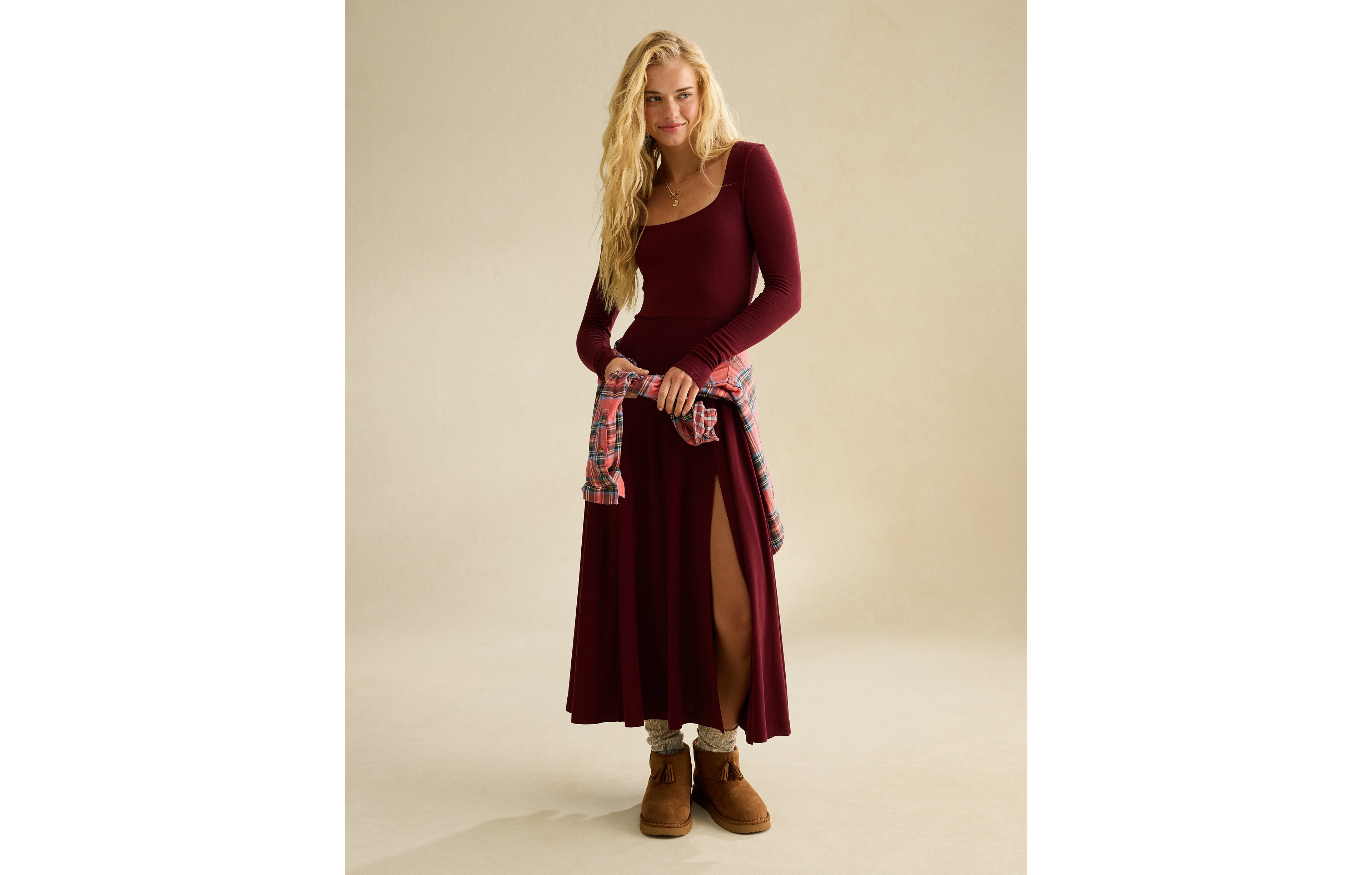 AE Square Neck Side Slit Midi Dress