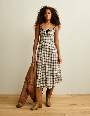 Женское платье American Eagle AE Corset Plaid Midi, цвет: Слоновая кость — фото 1