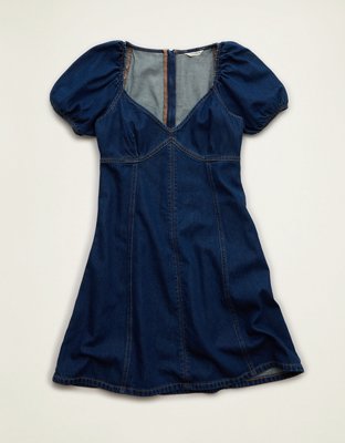 Женское платье American Eagle AE Puff Sleeve Denim Mini, цвет: Тёмная варка — фото 3