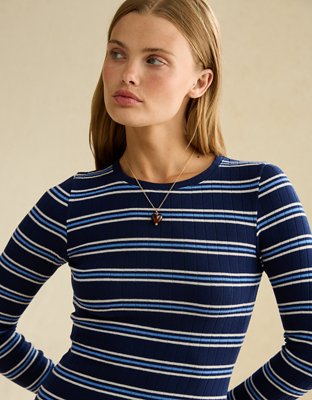 Женское платье American Eagle AE Long Sleeve Striped Midi, цвет: Ночной тёмно-синий — фото 5