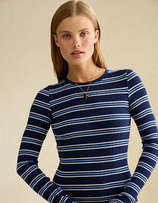 Женское платье American Eagle AE Long Sleeve Striped Midi, цвет: Ночной тёмно-синий — фото 4