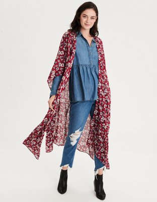 AEO Mia Floral Maxi Kimono, Red | American Eagle Outfitters