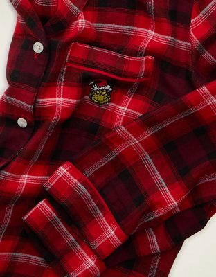AE Slow Morning Flannel Grinch Long Sleeve PJ Top