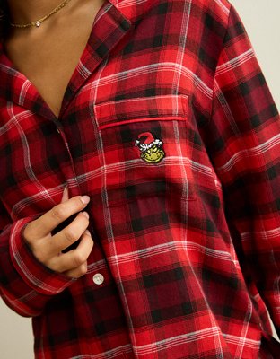 AE Slow Morning Flannel Grinch Long Sleeve PJ Top