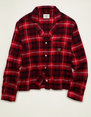 AE Slow Morning Flannel Grinch Long Sleeve PJ Top