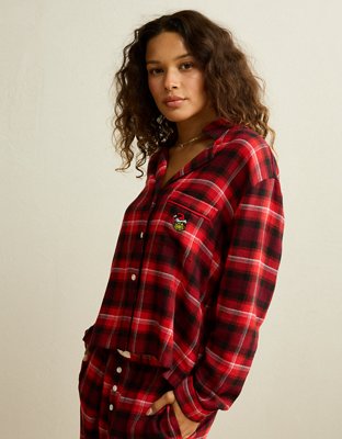 AE Slow Morning Flannel Grinch Long Sleeve PJ Top