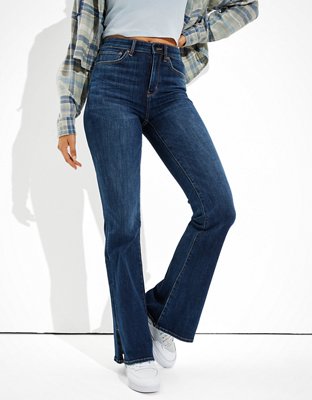 AMERICAN EAGLE Sz 4 Jeans Super High Rise Flare Side Slits Stretch