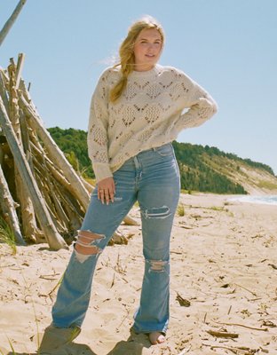 Super High Waisted Distressed Frayed Flare Jeans with Cut Outs