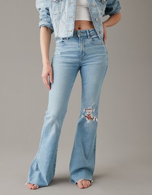 TheyLook Womens Denim Stretch Flare Jeans Frayed High Split Bell Bottom  Pants with Ripped Hole at  Women's Jeans store