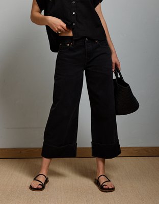 Женские джинсы American Eagle AE77 Premium Wide Crop Cuff, цвет: Чёрный варёный — фото 9