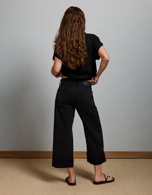 Женские джинсы American Eagle AE77 Premium Wide Crop Cuff, цвет: Чёрный варёный — фото 2