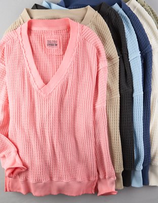 AE Big Hug Sweatshirt Extragrande con Escote V y Textura Tipo Waffle