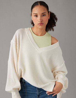 AE Oversized Big Hug Waffle V Neck Sweatshirt