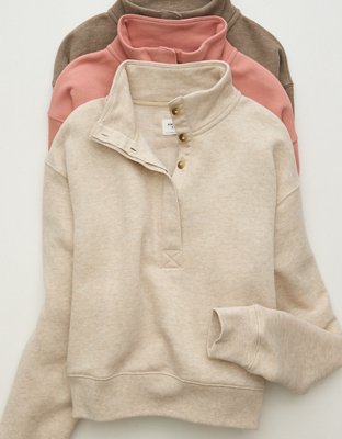 AE Cropped Henley Fleece Sweatshirt