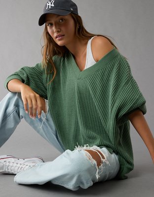 AE Oversized Big Hug Waffle V-Neck Sweatshirt