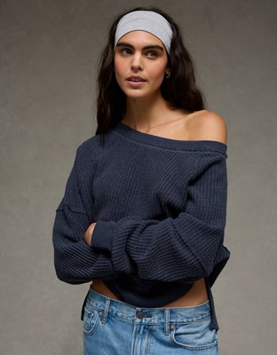 AE Big Hug Off-The-Shoulder Waffle Sweatshirt