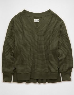 AE Big Hug V-Neck Waffle Sweatshirt | American Eagle