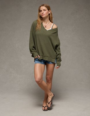 AE Big Hug V-Neck Waffle Sweatshirt