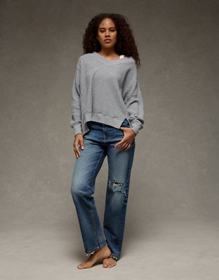 AE Big Hug V-Neck Waffle Sweatshirt | American Eagle