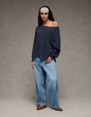 AE Big Hug Off-the-Shoulder Waffle Sweatshirt