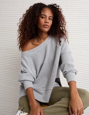 AE Big Hug Off-the-Shoulder Waffle Sweatshirt | American Eagle