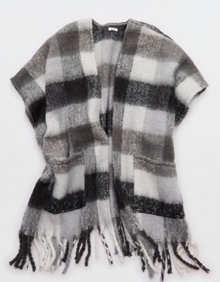 Aerie Fringe Plaid Cape