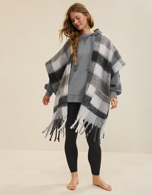 Aerie Fringe Plaid Cape
