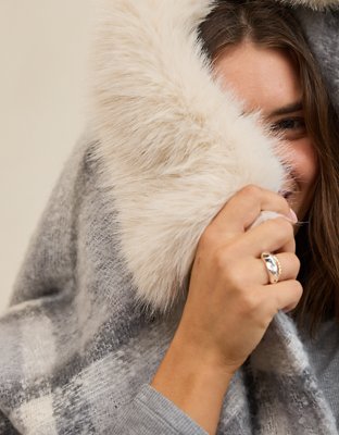 Aerie Fur Plaid Cape