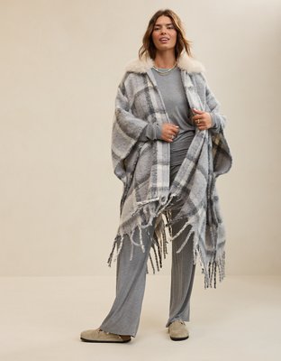 Aerie Fur Plaid Cape