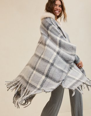 Aerie Fur Plaid Cape