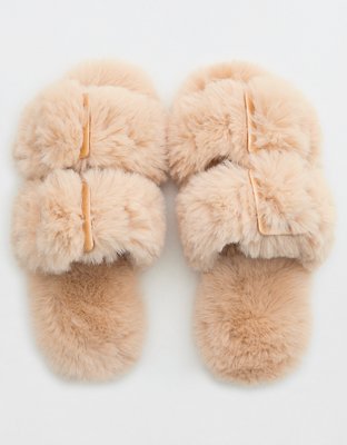 Furry slippers with strap hot sale