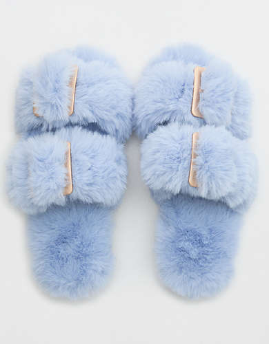 Aerie Fuzzy Double Strap Slippers