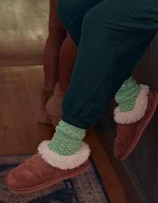 Aerie Fuzzy Double Strap Slippers