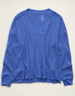 Женская футболка American Eagle AE Long-Sleeve Waffle Plush V-Neck, цвет: Пудрово-голубой — фото 3