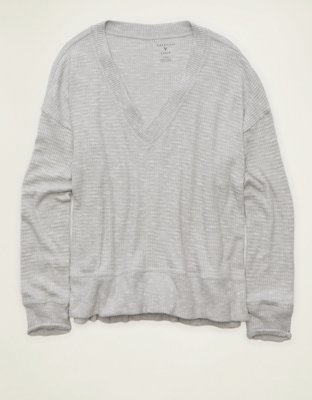 AE Long-Sleeve Waffle Plush V-Neck Tee