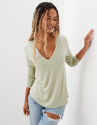 AE Oversized Soft & Sexy Long-Sleeve V-Neck T-Shirt