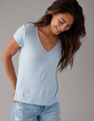 American Eagle Outfitters Self Design V Neck Casual Women Blue