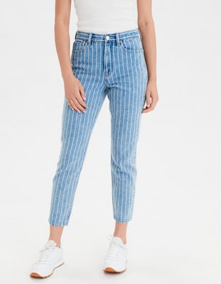 blue and white striped mom jeans