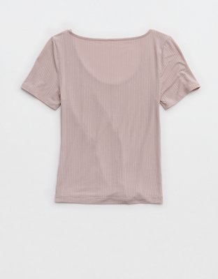 Женская футболка Aerie Superchill Modal Rib Short Sleeve Scoop, цвет: Галечный — фото 4
