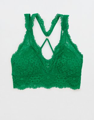 Aerie Bralette Size Medium Moss Green Lace Bra is Lined Adjustable Straps