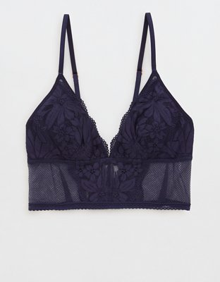 aerie, Intimates & Sleepwear, Aerie Bralette Padded Hibiscus Lace  Longline Floral Scalloped Deets Blue Medium