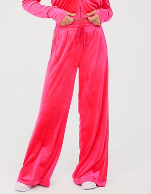 AERIE Velour Joggers Women Large Baby Pink High Rise Sweatpants