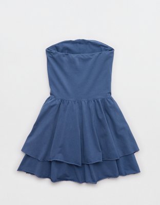 OFFLINE By Aerie OG Cotton Strapless Ruched Mini Dress Women's Marbled Blue XS