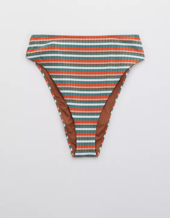 Aerie Striped Ribbed 90s High Cut Cheeky Bikini Bottom