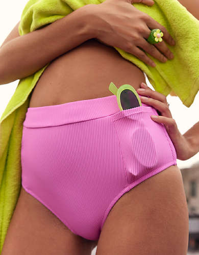 Aerie Ribbed Pocket High Waisted Cheeky Bikini Bottom