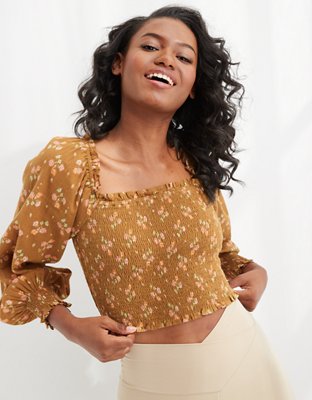 Aerie Long Sleeve Pretty Smocked Top